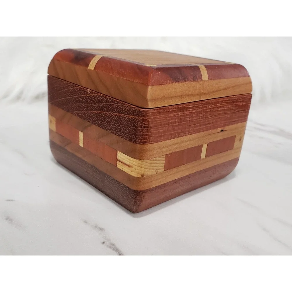 Trinket Storage box inlaid wood SWING OPEN LID MCM Vintage Pill Box Vanity